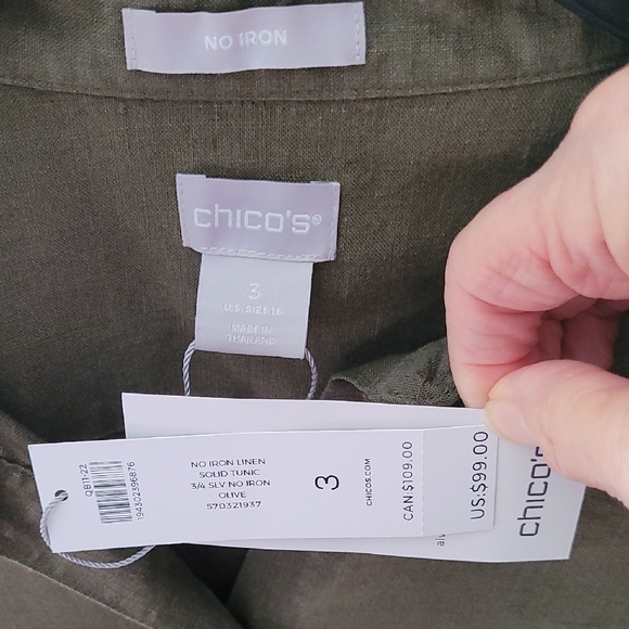 Chico's Olive No Iron Linen Tunic NWT. 3=16/XL. - Picture 2 of 9
